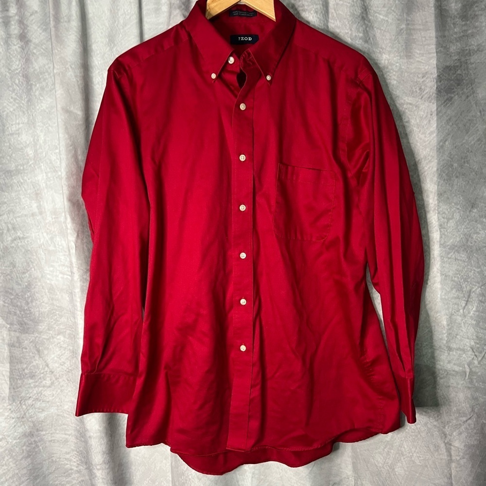 IZOD Crimson Red Cotton Twill Men's Button Down Shirt w Pocket - 16 1/2, 32/33 - Picture 2 of 8